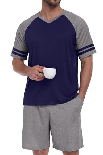 PrinStory Mens Pajamas Set Short Sleeve Lightweight and Soft Pajama Sets Summer Pjs Sets with Pockets Navy Blue Dark Gray-S - Thumbnail 4