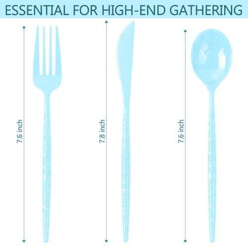LIYH 150 Pcs Baby Blue Plastic Cutlery Sets - Light Blue Plastic Silverware Heavyduty, Disposable Utensil Sets, 50 of Each Forks, Knives & Spoons Flatware Set for Party Birthday Easter - Thumbnail 2