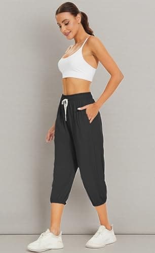 BATHRINS Women's Capri Sweatpants Summer Casual Jogger Drawstring Waist Pants with Back Pockets Black - Thumbnail 6