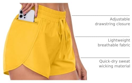 PrinStory Womens Athletic Shorts High Waisted Running Quick Dry Gym Workout Shorts with Zipper Pockets Golden Yellow-L-FBA - Thumbnail 4