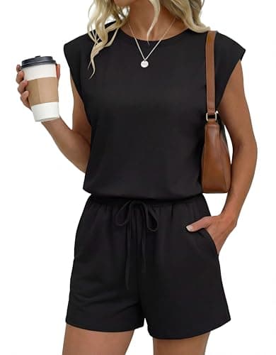 Ekouaer Women's Romper with Pockets Summer Short Jumpsuit Casual Cap Sleeve Drawstring One Piece Lounge Vacation Beach Outfit - Image 1