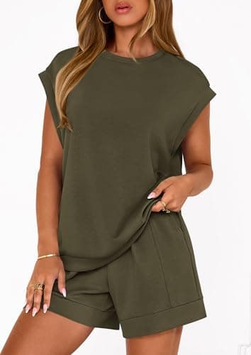 PRETTYGARDEN Two Piece Short Sets for Women Summer 2026 Matching Loungewear Travel Outfits Spring Beach Vacation Clothes (Army Green,Large) - Thumbnail 3
