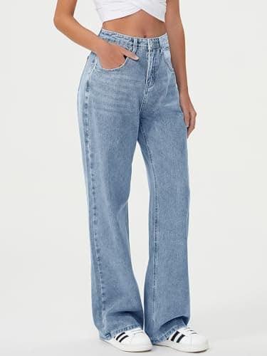 HDLTE Baggy Stretchy Jeans for Women High Waisted Trendy Wide Leg Jeans Boyfriend Denim Pants with Patch Pockets(Light Blue,X-Small) - Thumbnail 4