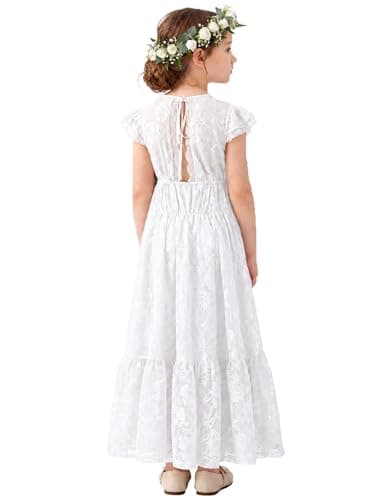 ALLOVIN Toddler & Girls Spring Easter Lace Flower Girl Dress for Wedding Baptism First Communion Maxi Boho A-Line | Flutter Sleeve White | 8-9Y - Image 1