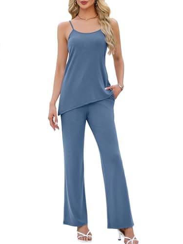 Casly Lamiit Vacation Outfits for Women 2 Piece Sets Summer Camisole Top Wide Leg Pants Matching Sets Sexy Blue S - Thumbnail 2