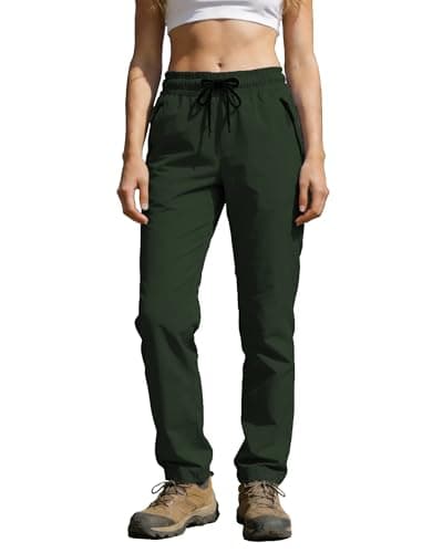 Womens Hiking Pants Water Resistant Quick Dry UPF 50+ Cargo Zipper Pockets Sweatpants Elastic Waist Drawstring Lightweight Work Casual Outdoor Army Green M - Image 1