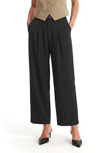 Arach&Cloz Lightweight Linen Work Pants Women High Waisted Loose Slacks Business Casual Outfits Office Dressy Trousers with Pockets Straight Ankle Pants For Women Capsule Wardrobe 2026 Regular Black S - Image 1