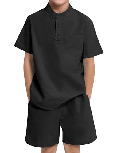JiAmy Boy's 2 Piece Summer Outfits Casual Henley Button Down Short Sleeve Shirts and Short Sets Kids Clothes Pants Sets - Image 1