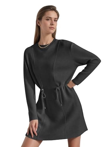 COCOMARTS Womens Long Sleeve Crewneck Sweatshirt Dress Drawstring Waistband Casual Tunic Tops Mini Dresses 2025 Fall Clothes Black Large - Thumbnail 2