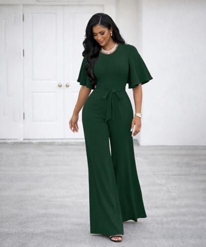 ABKY Jumpsuits For Women Dressy Batwing Sleeve Belted Wide Leg Romper Formal Wedding Evening Party Jumpsuit One Piece Outfits Deep Green M - Thumbnail 5