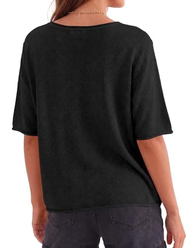 BTFBM Sweaters for Women 2026 Summer Oversized Half Short Sleeve Knitted Pullover V Neck‌ Casual Loose Fit Spring Tops(Black, X-Large) - Thumbnail 4