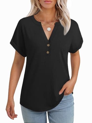 GKBK Womens Short Sleeve Henley Tops V Neck Dressy Casual Blouses Summer Trendy Tee Shirts 2026 Vacation Going Out Fashion Clothes Black XXL - Image 1