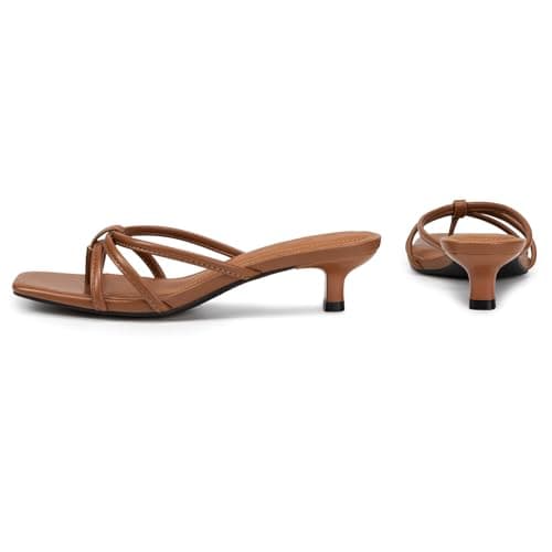 Athlefit Brown Heels Strappy Square Toe Flip Flop Short Kitten Heels for Women Slip On Fashion Low Heel Thong Sandals Size 6.5 - Thumbnail 5