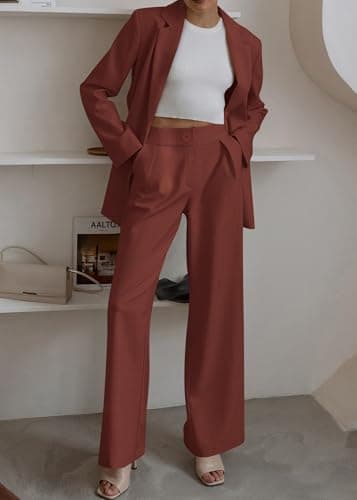 KIRUNDO Women Suits 2 Piece Set Business Casual Dressy Oversized Blazer Jacket and Wide Leg Dress Pantsuits Formal Outfits(Brown Red, XX-Large) - Thumbnail 6