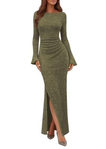 Lazysmile Women's Long Sleeve Bodycon Maxi Dress Crewneck Ruched Slit Ribbed Knit Formal Wedding Guest Cocktail Dresses Army Green - Image 1