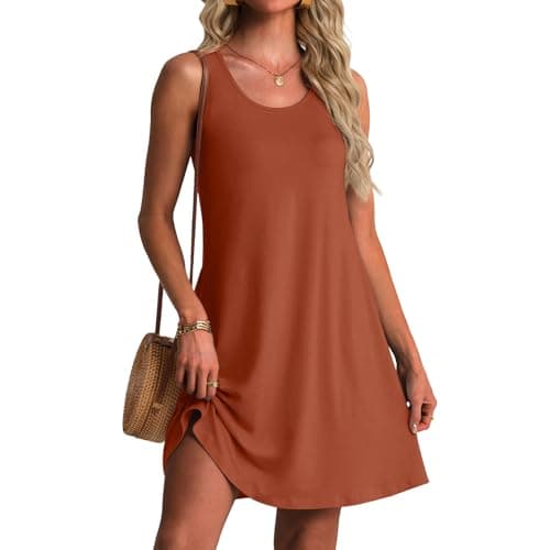 FREEOAK Womens Dresses Brown Red Short A-Line Casual Summer Sundress with Pockets Breathable Romantic Beach Dress - Image 1