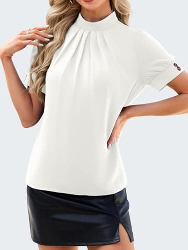 Funlingo Dressy Tops for Women Business Casual Puff Short Sleeve Work Blouses 2026 Summer Mock Neck Loose Fitting Flowy White Shirt S - Thumbnail 5