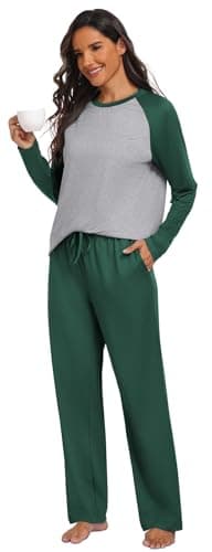PrinStory Women's Pajamas Set Sleepwear Pjs loose-fit Long Sleeve Crewneck Shirts and Pant Soft Comfy Sleep Sets Dark Green S - Thumbnail 3
