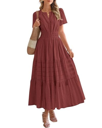 BTFBM Womens Summer 2026 Casual Midi Maxi Dresses Lightweight Short Sleeve V Neck Elastic Waist Boho Beach Dress Pockets(Brown Red, Small) - Image 1