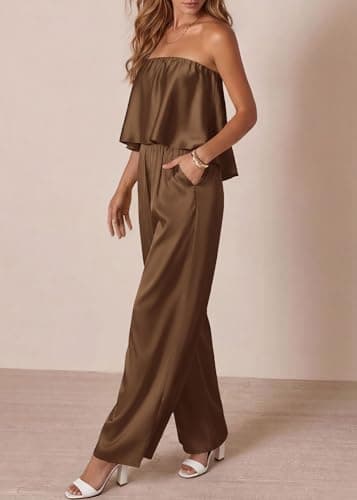 KIRUNDO Jumpsuits For Women Dressy 2026 Summer Satin Strapless Romper Flowy Tube Top Spring One Piece Vacation Outfits(Brown, XX-Large) - Thumbnail 5