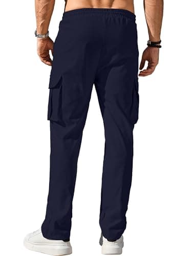 Comdecevis Men's Casual Cargo Pants Big and Tall Workout Joggers Stretch Baggy Sweatpants Hiking Drawstring Tactical Pants with Multi Pockets Blue - Thumbnail 5