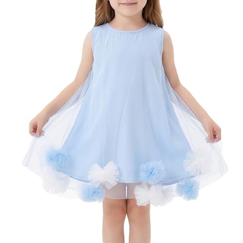 Girls Summer Dress, Toddler Tulle 3D Floral A-Line Outfits, Casual Princess Party Sundress for Kids 4-9Y Blue - Image 1