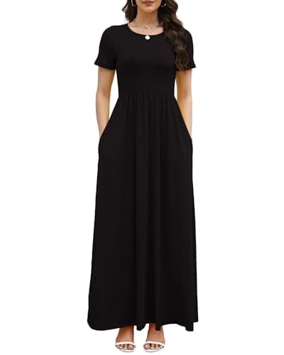 COSSEN Women’s Crewneck Short Sleeve Maxi Dress Black X-Large with Pockets – Casual Loose Swing Sundress for Wedding Guest, Beach & Vacation - Image 1