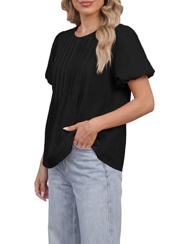 Funlingo Womens Blouses Summer Short Puff Sleeve Babydoll Tops for Women Casual Crew Neck Flowy Pleated Shirts Cute Clothes Black L - Thumbnail 4