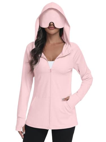SeSe Code UPF 50+ Hoodie With Eye Mask Womens Zip Up Travel Jackets Lightweight Sleep Sun Protection Shirts Pockets Outdoor Nap Pink M - Image 1