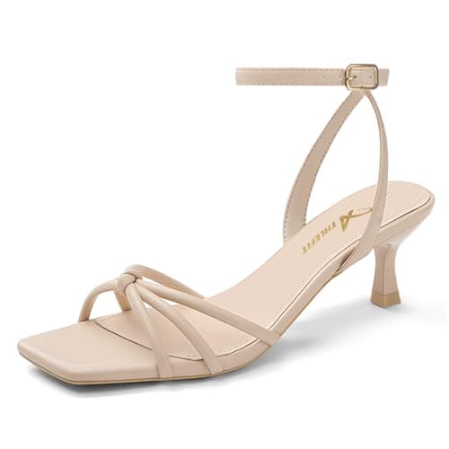 Athlefit Women's Nude Kitten Heels Square Toe Strappy Low Heel Sandals Comfortable Dressy Ankle Strap Short Heels Size 11 - Image 1