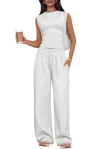 Lazysmile 2 Piece Sets for Women Summer Outfits Lounge Sets Sleeveless Tops Wide Legs Long Pants Tracksuits - Image 1