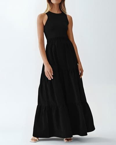 BTFBM Women Sleeveless Summer Dresses Wedding Guest Maxi Dresses Ribbed Knit Tops and Polyester Skirt with Pockets(Solid Black,Medium) - Thumbnail 2