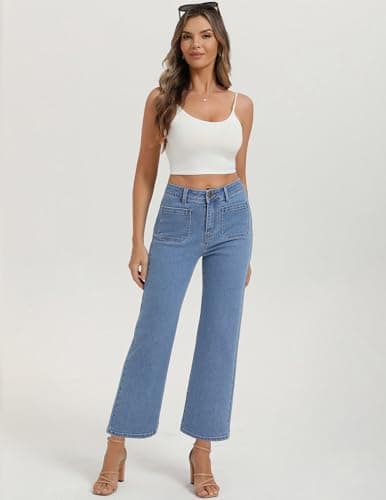 Belle Poque Women Straight Leg Jeans Light Blue Mid Rise Stretchy Wide Leg Denim Pants with Pockets Front (Light Blue, 6) - Thumbnail 5