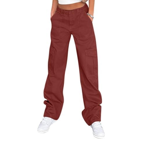 Lepunuo Womens Cargo Pants Casual High Waisted Joggers Pants Fce Wide Leg Sweat Pants Baggy Pants with Pockets Tomato Red - Image 1