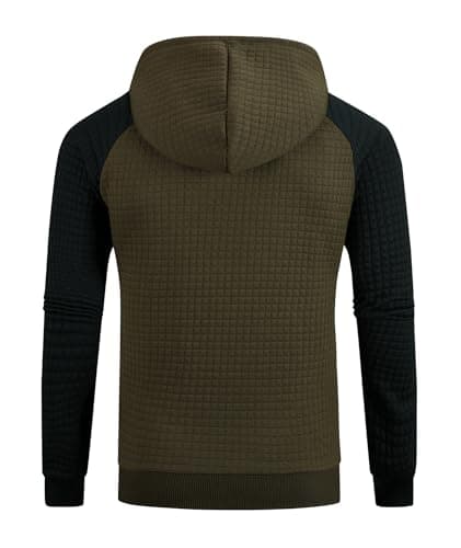 Men's Lightweight Waffle Knit Jacket Zip Up Hoodie Long Sleeve Drawstring Casual Plaid Jacquard Sweatshirt with Pocket - Thumbnail 3