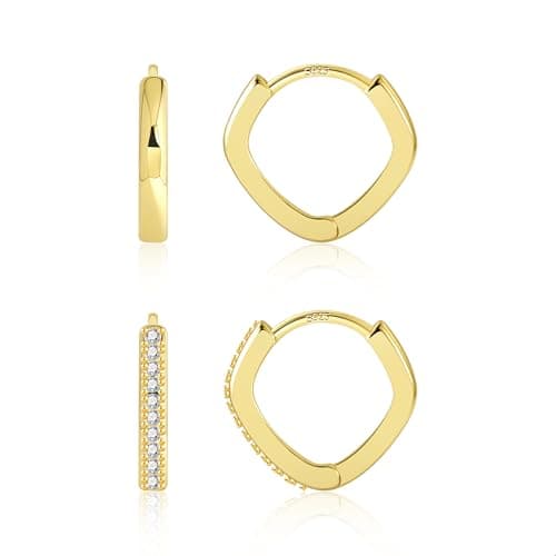 Small Square Gold Huggie Hoop Earrings for Women Trendy- Huggie Cartilage Earring Set Cute Thin Mini Tragus Plated Hoops Multiple Piercings Cubic Zirconia Earrings Sets (2 Pair Square Huggies 10mm) - Thumbnail 2