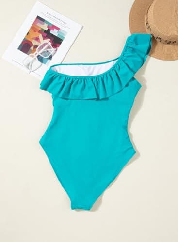 Dokotoo Lady Cold Shoulder One-Piece Swimsuit One Shoulder 2026 Asymmetric Removable Padded Ruffled Sleeve Cute Monokinis Tummy Control Plus Size Swimwear,Peacock Blue Small - Thumbnail 5