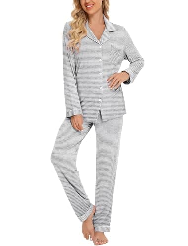 Leikar Button Up Pajama Set For Women Long Sleeve Striped Pajama Set Soft Pjs Lounge Sets M - Thumbnail 2