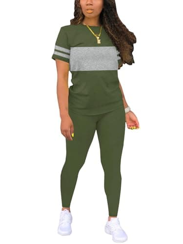 Hakubeby Two Piece Sets for Women Summer Short Sleeve Striped Crewneck Slim Fit Active Casual Sweatsuits Green XX-Large - Image 1