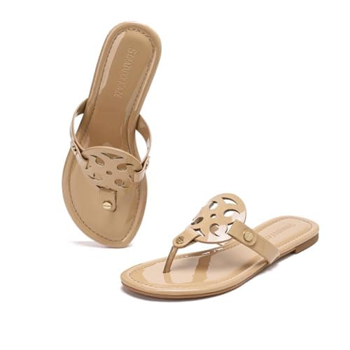 Stratuxx Kaze Women's Dressy Patent Leather Thong Sandals with Memory Foam,Comfy Beach Slides Slip On Flat Sandals for Women - Image 1