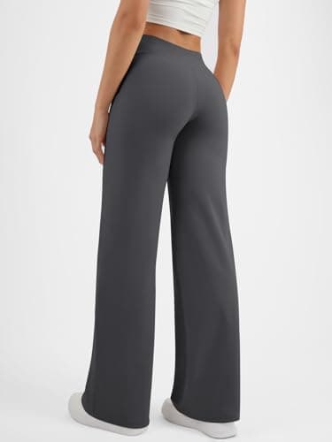 AFFOLE Wide Leg Pants for Women Cross Waist Yoga Dress Pants with Pockets High Waist Stretch Casual Workout Lounge Trousers Dark Grey - Thumbnail 5