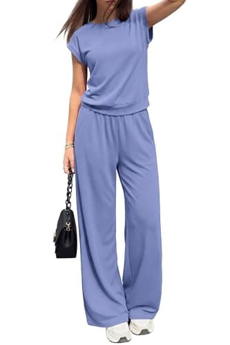 PRETTYGARDEN Women's Summer 2 Piece Lounge Sets 2026 Cap Sleeve Tops Wide Leg Pants Workout Sets Loose Casual Tracksuit(Light Blue,X-Large) - Thumbnail 3