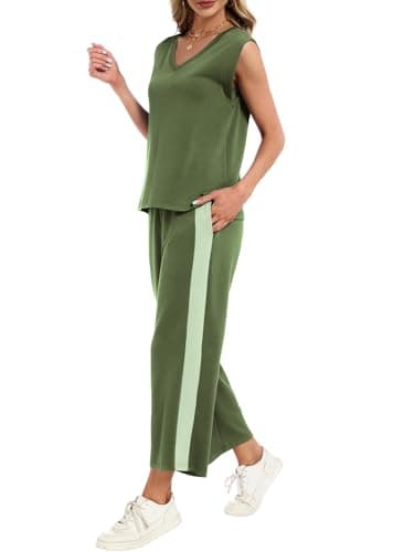 YOKGO Two Piece Sets for Women Summer Outfits V Neck Lounge Sets Business Casual Vacation Travel Matching Set - Thumbnail 4