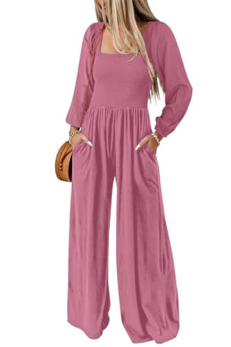 Dokotoo Womens Plus Size Peach Red Jumpsuits for Women Overalls Loose Casual Wide Leg One Piece Long Sleeve Solid Jumpsuit Long Pant Rompers with Pockets X-Large - Image 1