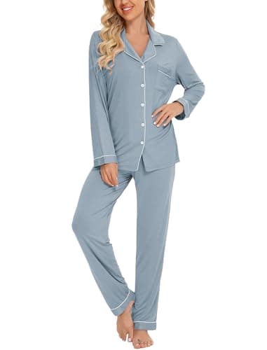 Leikar Button Up Pajamas for Women Long Sleeve Mist Blue Pjs Set Soft Dusty Blue Sleepwear Maternity Lounge Set - Thumbnail 2