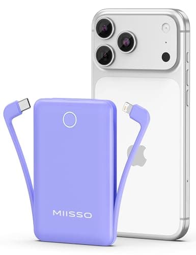 miisso 10000mAh Mini Portable Charger with Built in Cable, Pocket Size Power Bank Travel External Battery Pack for Phone, 3 Output USB Type C Cord Clutch Compatible with iPhone, Samsung, Purple - Image 1