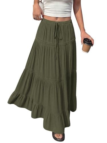 BTFBM Spring Skirts for Women 2026 Summer Boho Beach Vacation Clothes Casual Pleated High Waisted Flowy Maxi Skirt(Army Green, X-Large) - Thumbnail 5