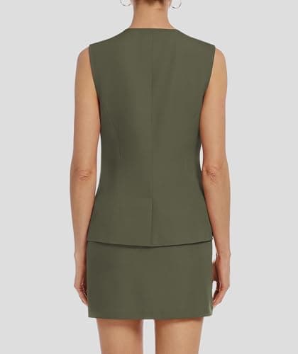 Casly Lamiit Womens Suits 2 Piece Set Summer Business Blazers Vest Skirts Set Button Down Sleeveless Waistcoat Dressy Casual Outfits Army Green L - Thumbnail 4
