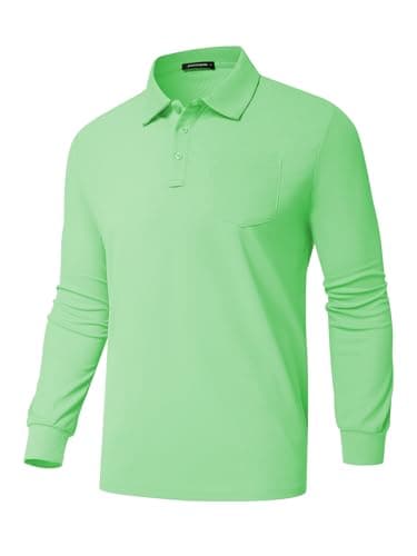 Promen polo Men's Classic Long Sleeve Polo Shirts Casual Lightweight Solid Golf Shirts with Pocket Light Green M - Image 1