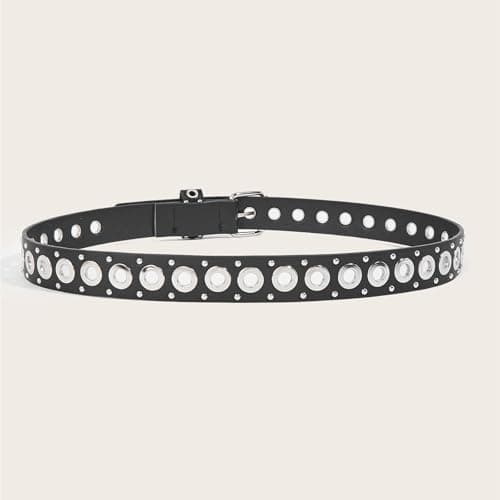 EONTISO Women Studded Leather Belt for Jeans, Punk Rock Silver Grommets Rivets, Black S - Thumbnail 3